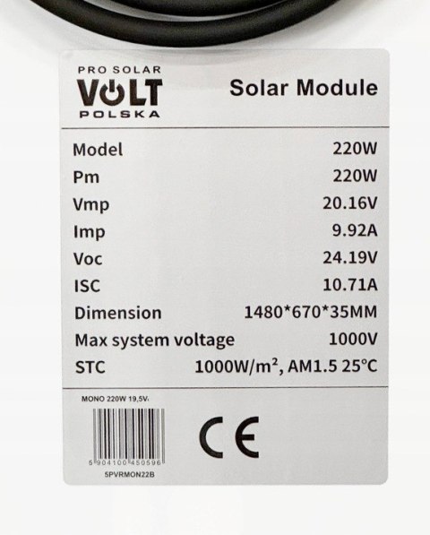 PANEL SOLARNY FOTOWOLTAICZNY MONOKRYSTALICZNY WTYK MC4 BATERIA 12V 220W